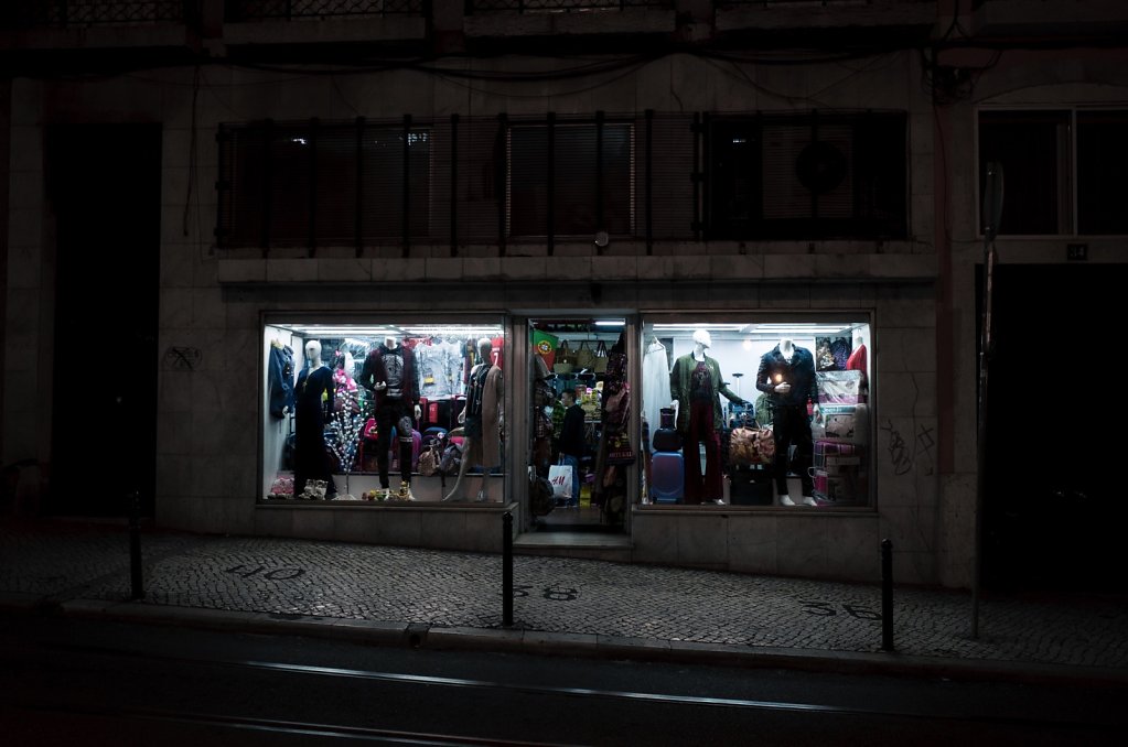 Clothing store window at night, Lisbon