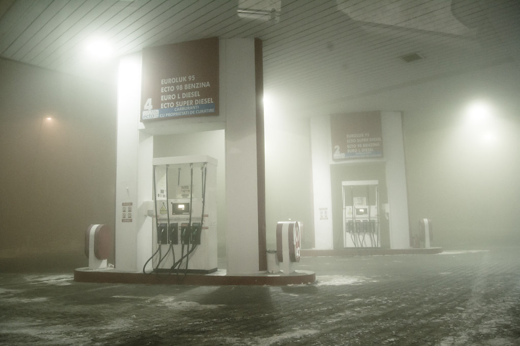 Gas station in the fog