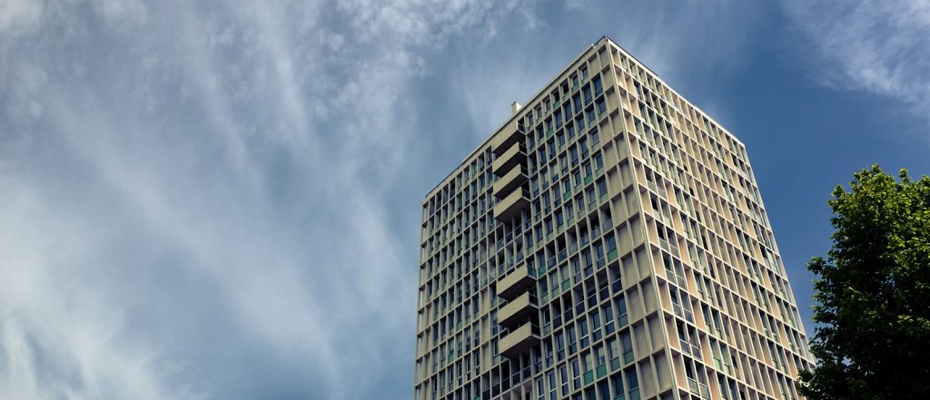 Brutalist architecture over blue sky, Marseille